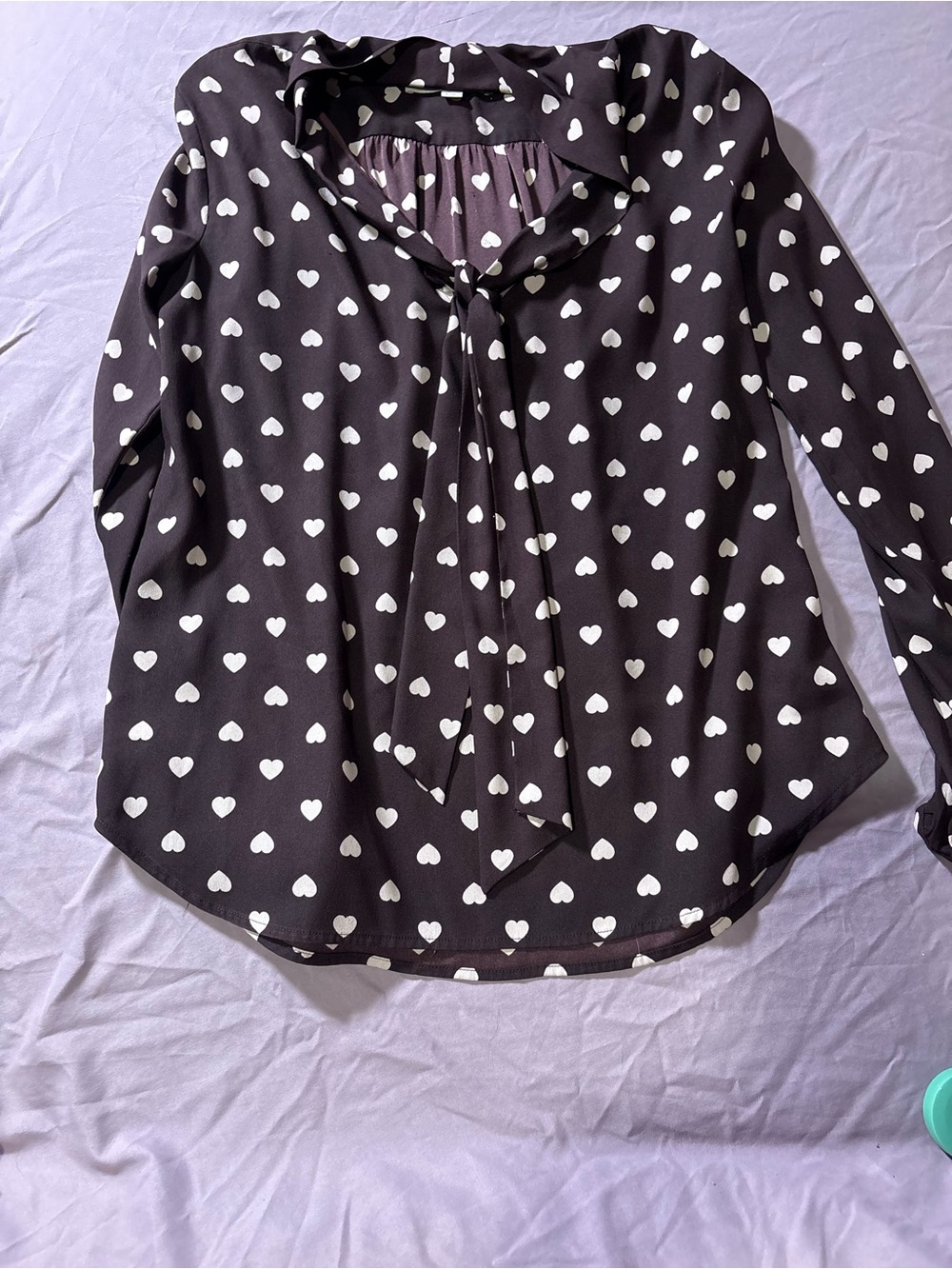 LOFT Black Blouse with White Heart Print and Tie Neck